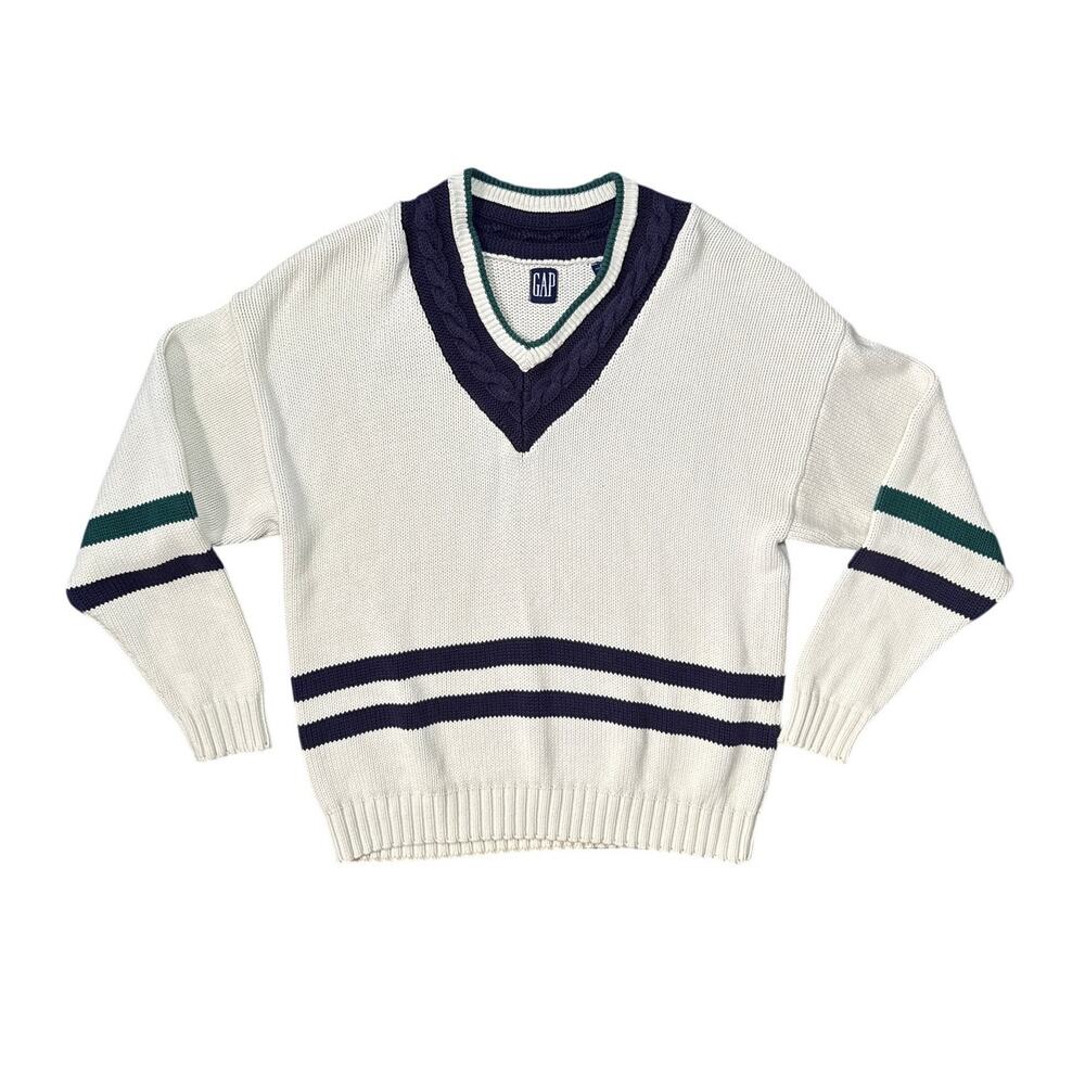 GAP Men's Cotton V-Neck Preppy Sweater in Cream Size XL XLarge Vintage y2k